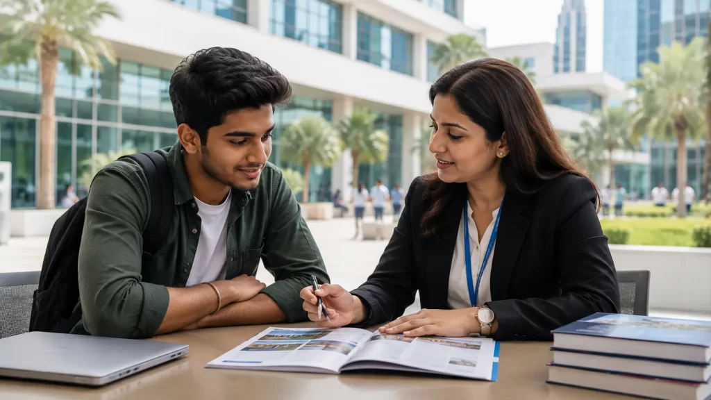 Indian student discussing affordable university options in Dubai with an education counselor