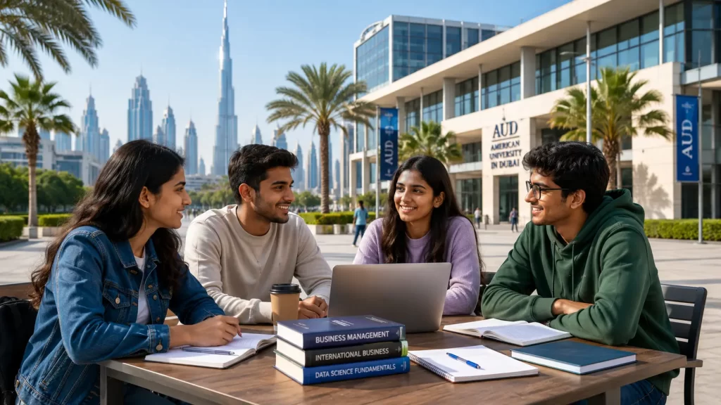 Indian students discussing undergraduate course options at a Dubai university campus with the Dubai skyline in the background.