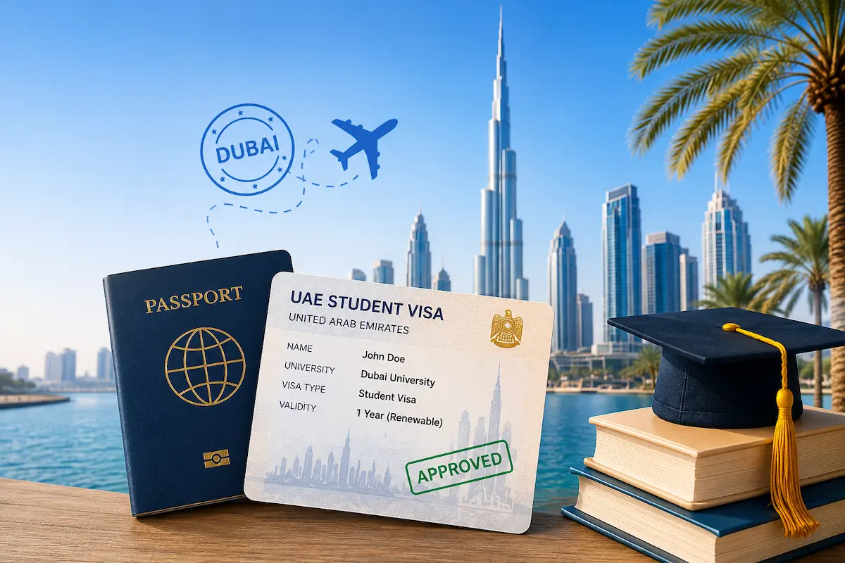 Dubai student visa requirements for international students with UAE student visa, passport, graduation cap and Burj Khalifa skyline