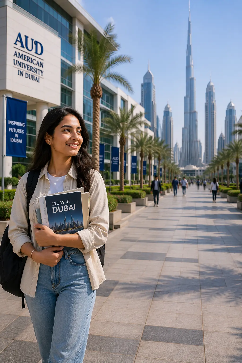 Female student at a modern Dubai university campus with the Dubai skyline in the background.