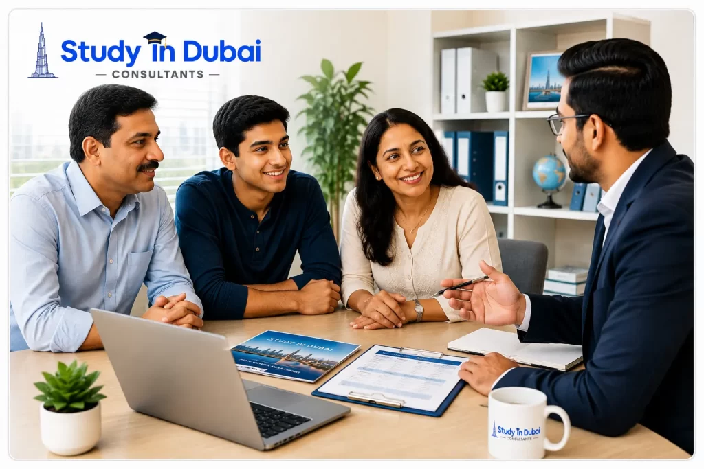 Study in Dubai Consultants guiding Indian students and parents during a Dubai university admission consultation