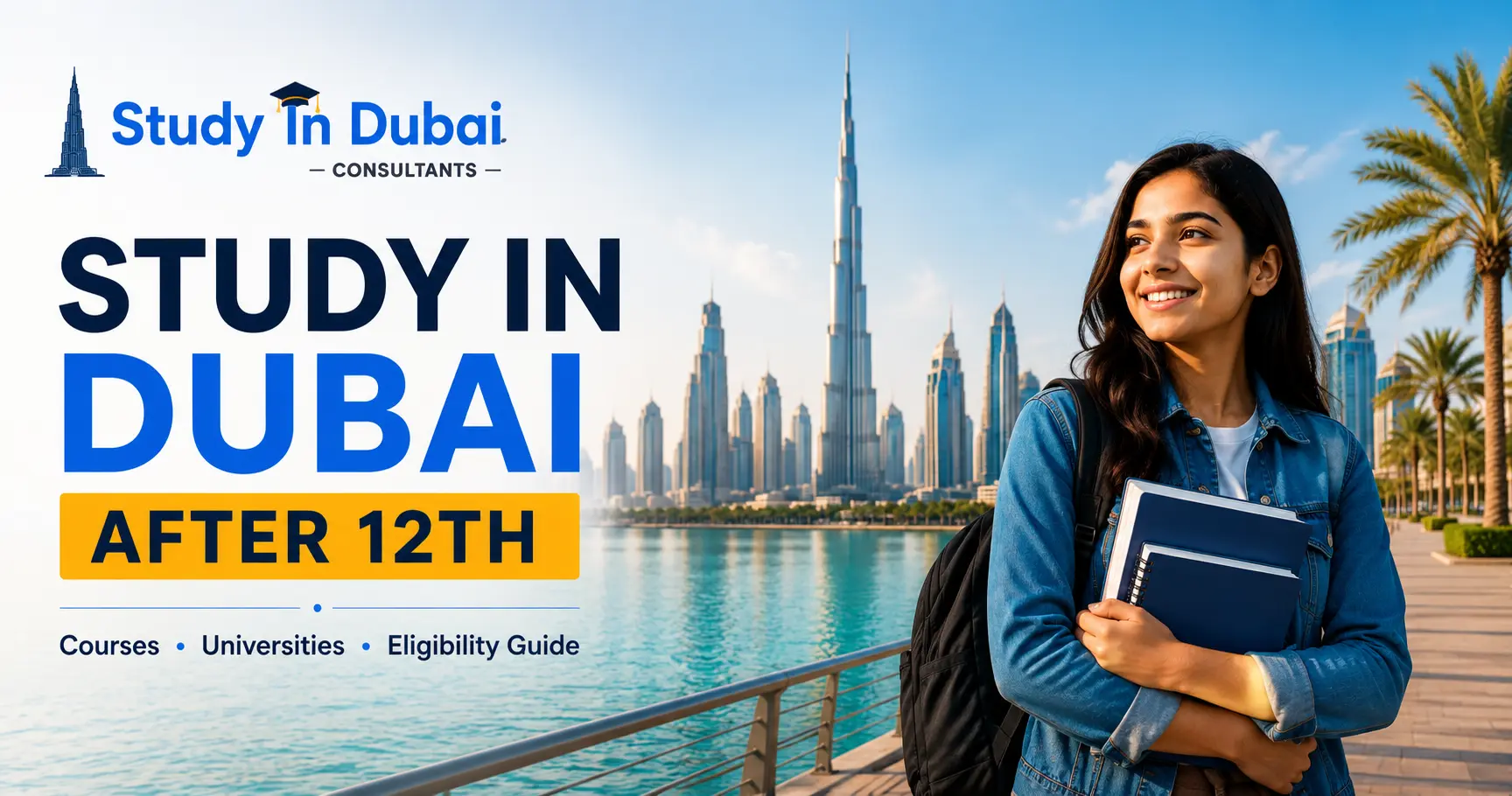 Indian student exploring study opportunities in Dubai after 12th with Dubai skyline and Burj Khalifa in the background.