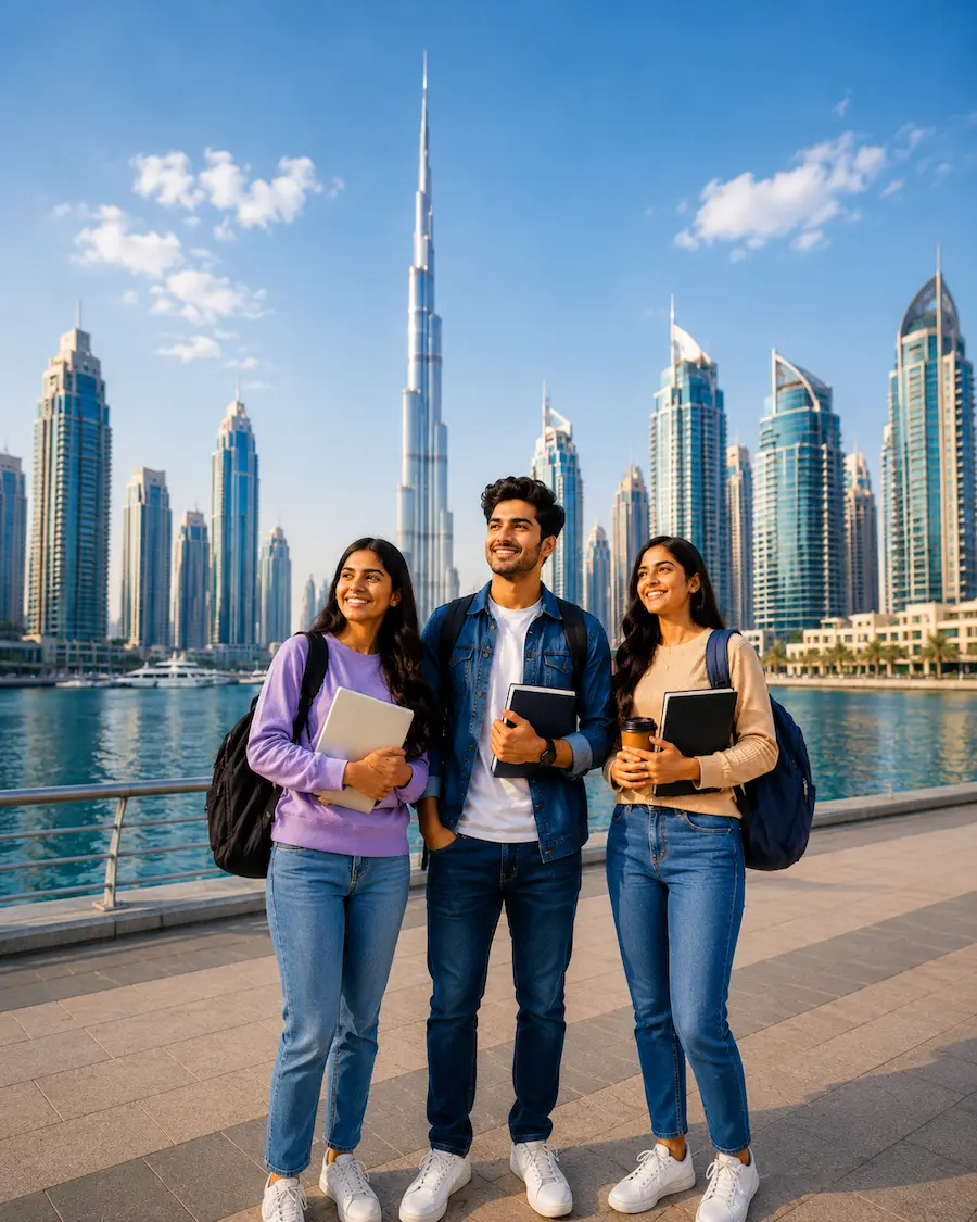 Indian students studying in Dubai with Burj Khalifa and Dubai Marina skyline in the background