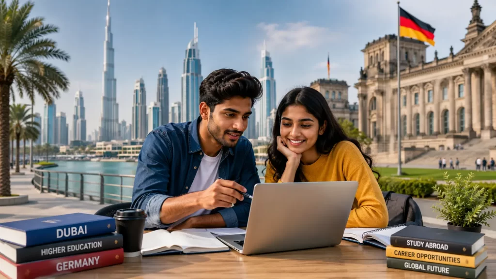 Indian students comparing study opportunities in Dubai and Germany for higher education.