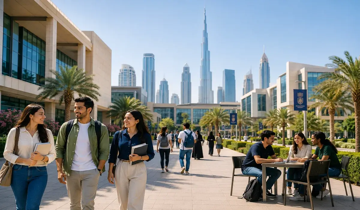 International students at a modern university campus in Dubai with city skyline in the background