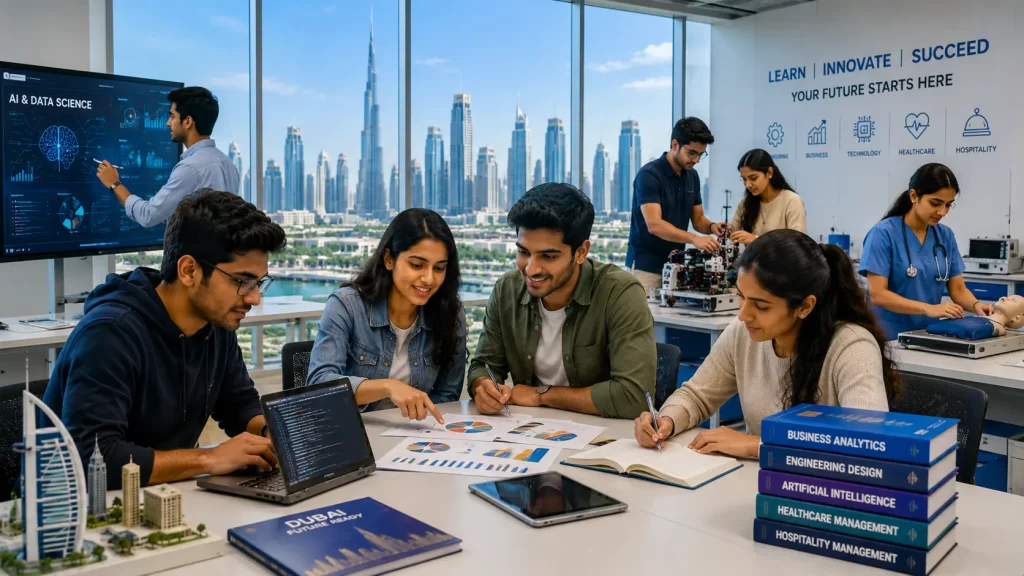 Indian students learning Artificial Intelligence, Engineering, Business Analytics and Healthcare at a modern university in Dubai