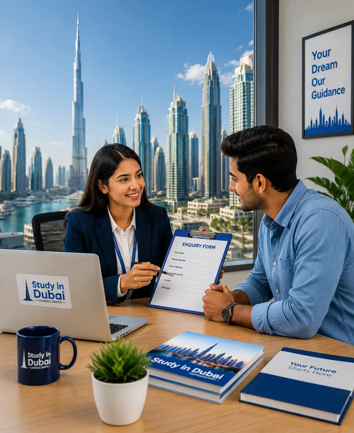 Education counsellor assisting an Indian student at Study In Dubai Consultants office with Dubai university admission guidance.
