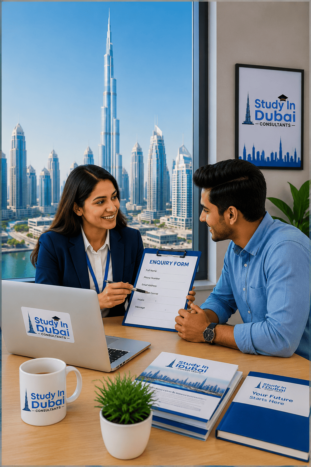 Education counsellor assisting an Indian student at Study In Dubai Consultants office with Dubai university admission guidance.