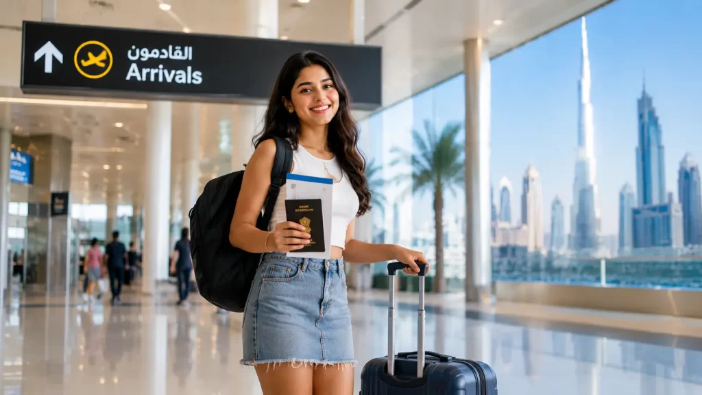 Indian student arriving at Dubai International Airport with luggage, passport and university admission documents before starting studies in Dubai. Dubai Student Visa for Indian Students.