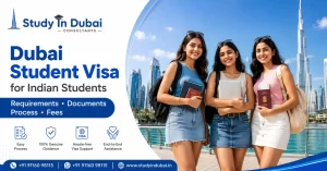 Indian students in front of the Dubai skyline representing the Dubai student visa process, requirements, documents and fees for Indian students.