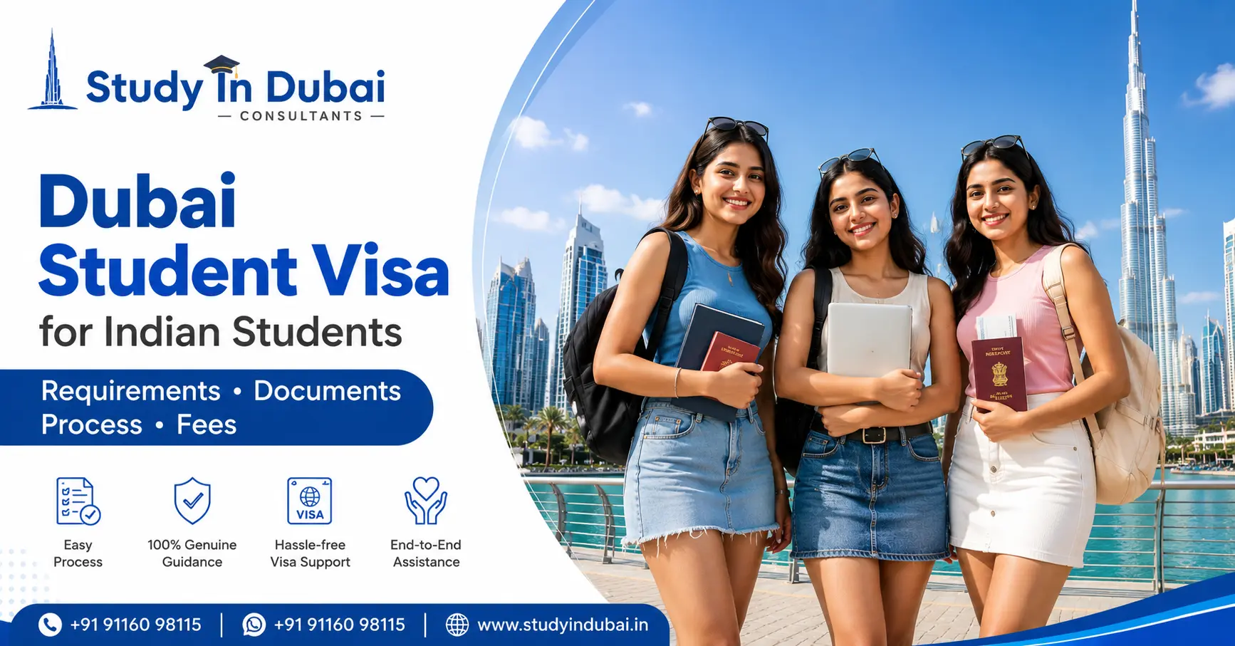 Indian students in front of the Dubai skyline representing the Dubai student visa process, requirements, documents and fees for Indian students.