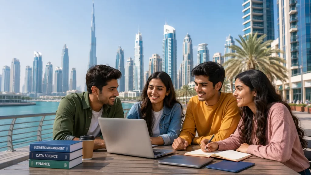 Indian students studying at a modern university campus in Dubai with the Dubai skyline in the background