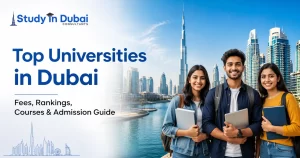 Top Universities in Dubai for Indian Students featuring Dubai skyline and international students