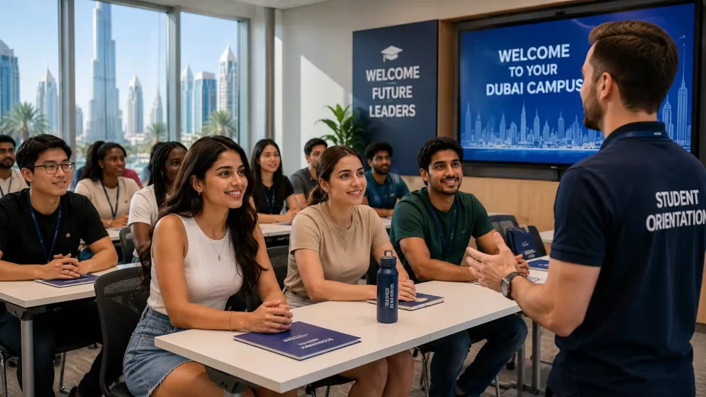 International students attending a university orientation session on a Dubai campus before starting their academic journey in the UAE.